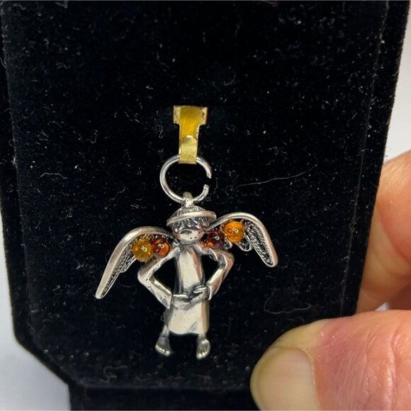 Sterling Silver Guardian Angel Pendant With Cognac Amber Detail Women's Jewelry - Picture 13 of 14